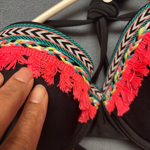 Xhilaration Bikini Top Cultural Print Aztec Push Up Tassels Womens Large Beachy - Picture 3 of 9